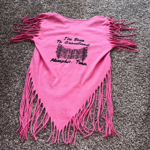Vintage 80s Lourson Pink Elvis Graceland Fringed Tee Shirt Top Size L - Picture 6 of 6